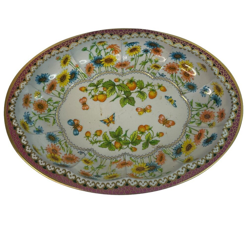 Vintage Daher Decorated Ware Strawberry Butterflies  Sunflowers Oval Metal Tray